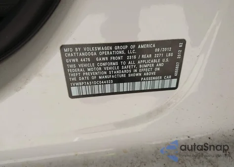 2013 Volkswagen Passat 2.5L Se from USA, damaged, VIN 1VWBP7A31DC044323